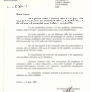 Partecipazione come presidente e membro di giuria in concorsi nazionali e internazionali di canto corale e composizione. Nella foto: invito come membro di giuria al Concorso Corale di Arezzo, 1998.